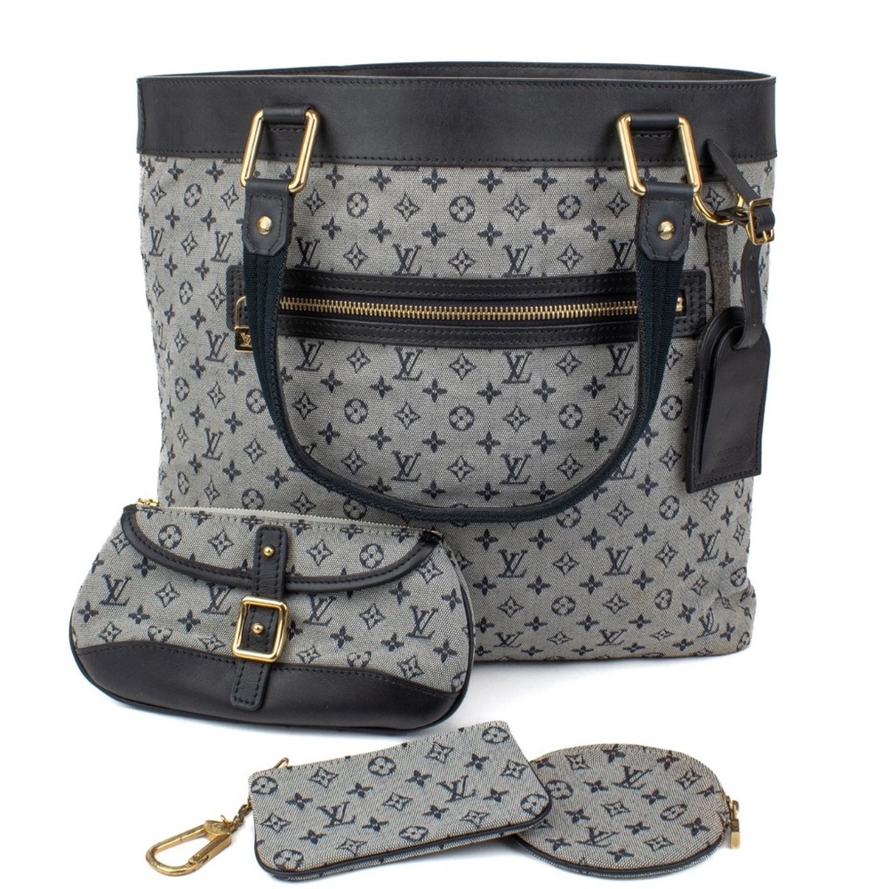 Louis Vuitton Navy Grey Canvas Lucille GM Tote Accessories Set of 4